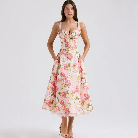 Roselisse Rose Print Corset Midi Dress with Wide Straps – Floral A-Line Summer Dress, Wedding Guest & Occasion Dress