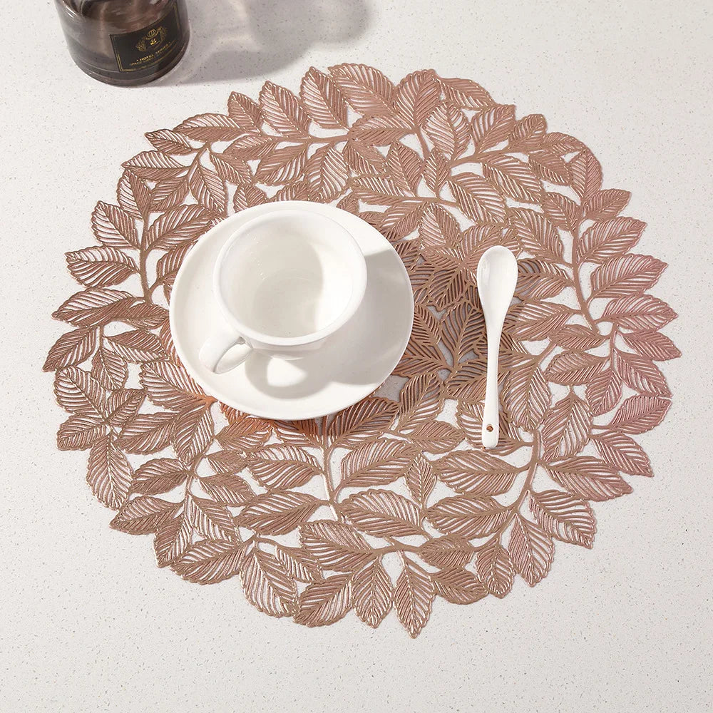 Leaf Cutwork Round Dining Placemats Set of 6 – Decorative Table Mats Non Slip Wipe Clean Heat Resistant Kitchen Table Placemats