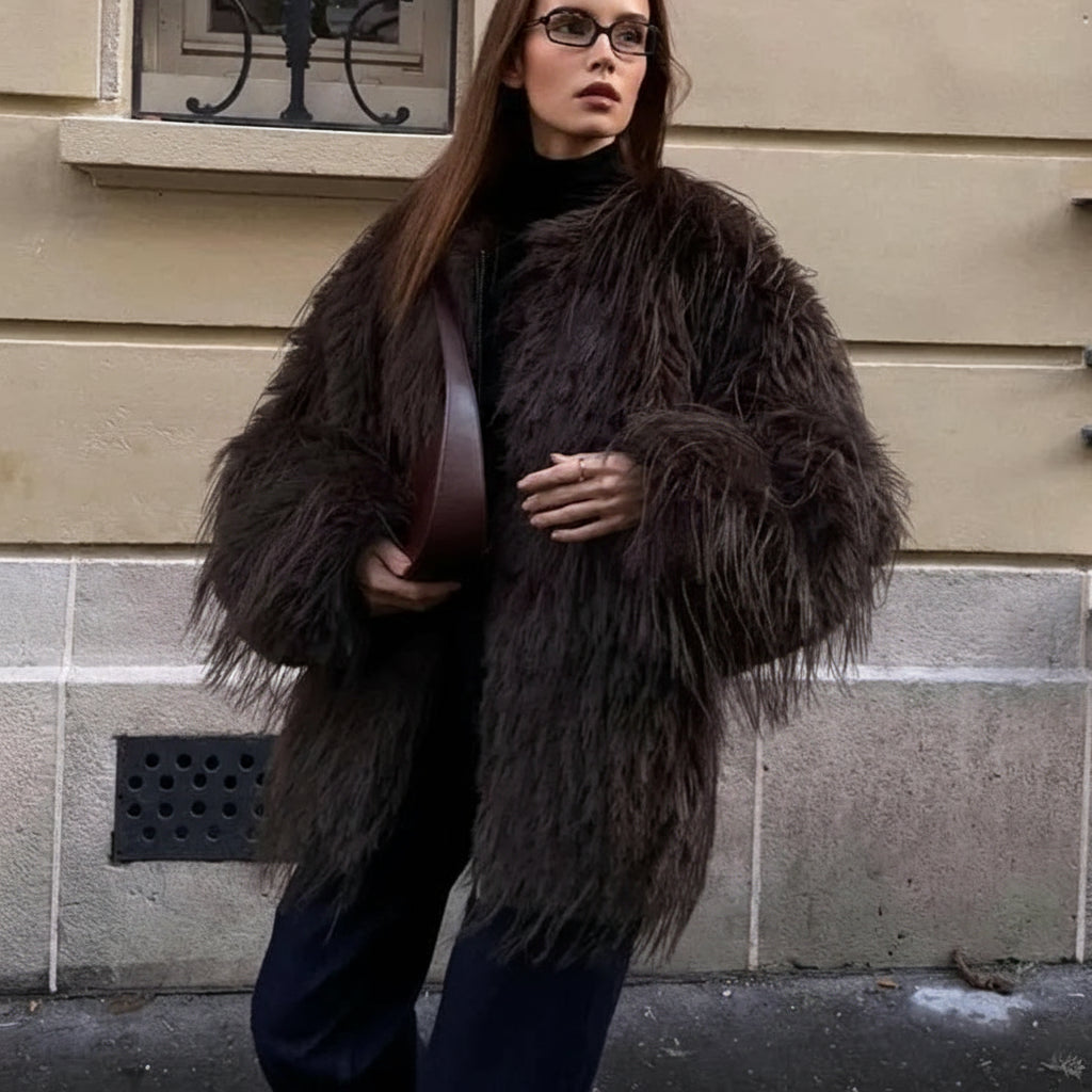 Maevra Oversized Mongolian-Style Faux Fur Jacket – Mocha Fluffy Faux Fur Coat for Women