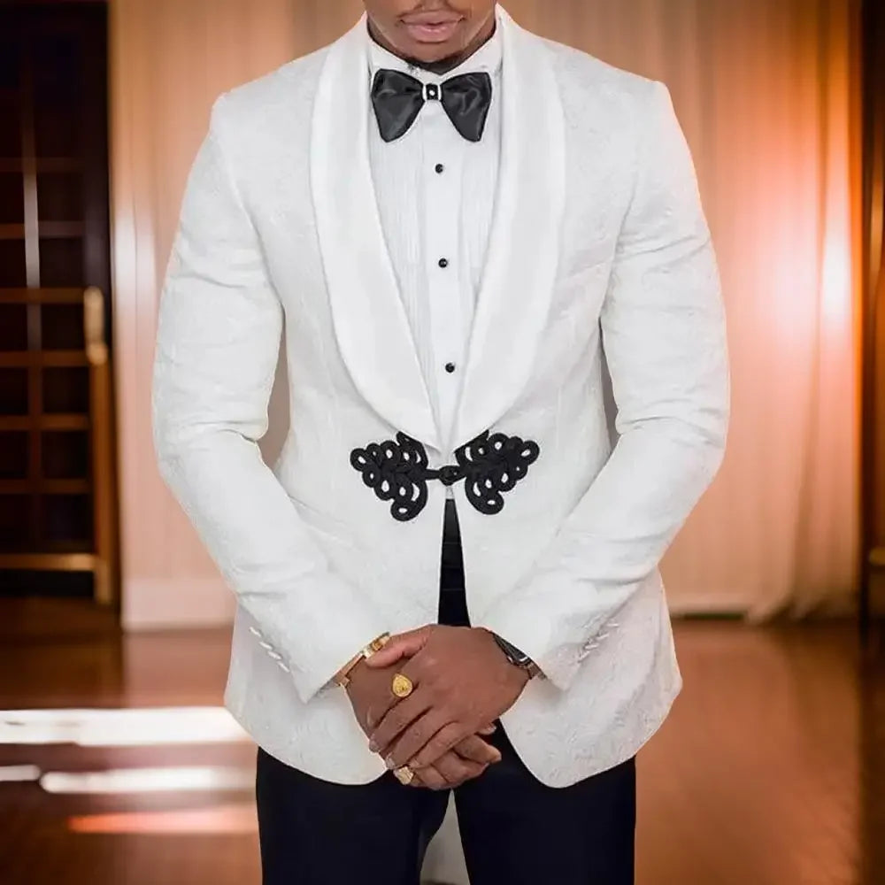 Carrington Men’s White Jacquard Shawl Lapel Blazer – Slim Fit Formal Evening Dinner Jacket Wedding Tuxedo