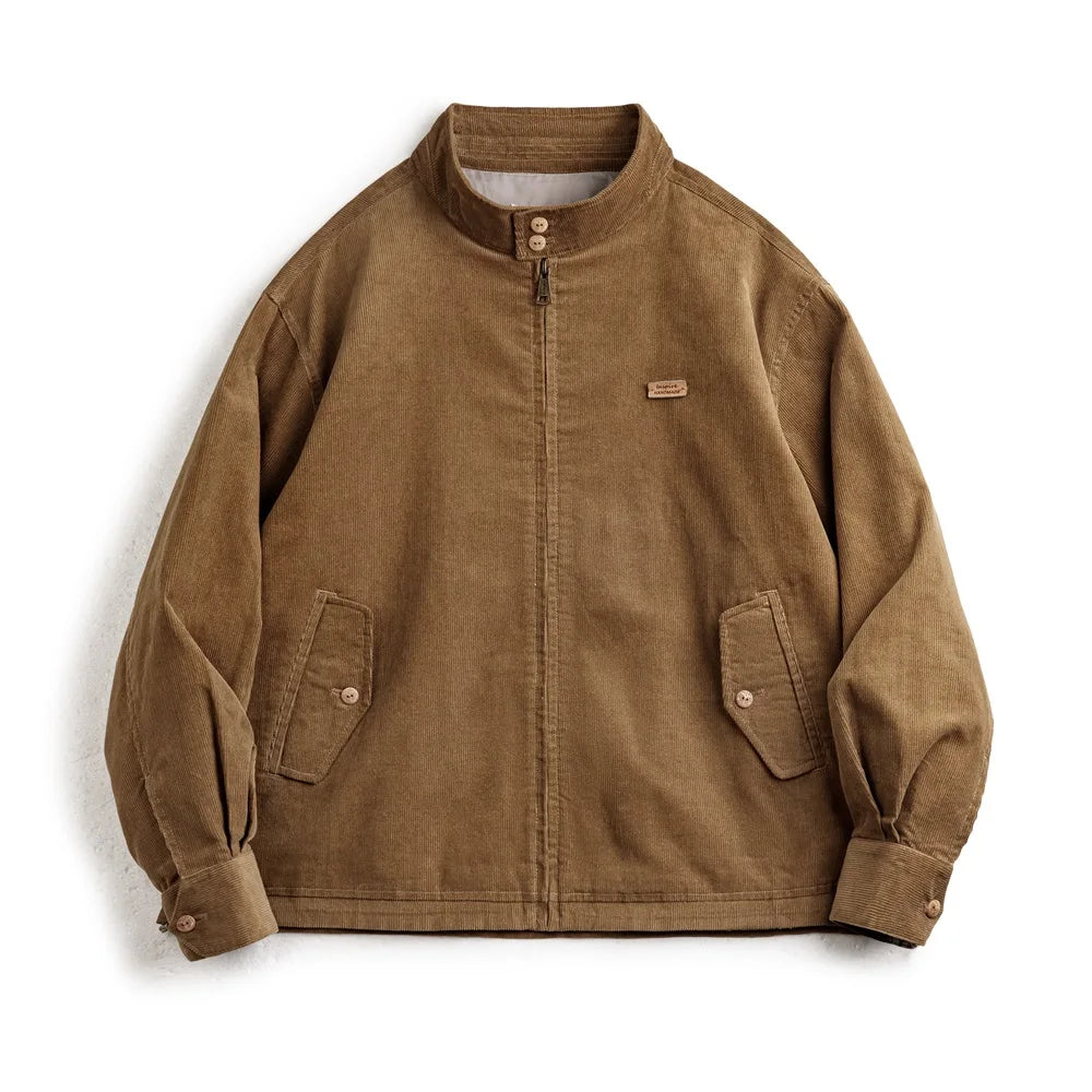 Harron Men’s Corduroy Jacket – Brown Zip Through Casual Jacket with Stand Collar and Pocket Detail