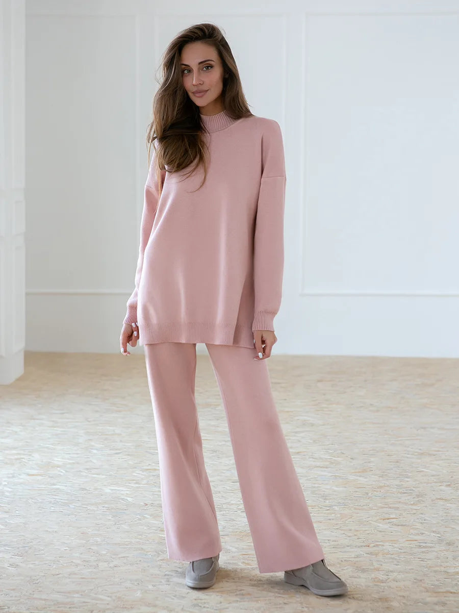 Zaneya Knit Co-Ord Lounge Set – Ribbed Turtle Neck Jumper and Wide Leg Trousers in Pink, White, Beige, Black or Green
