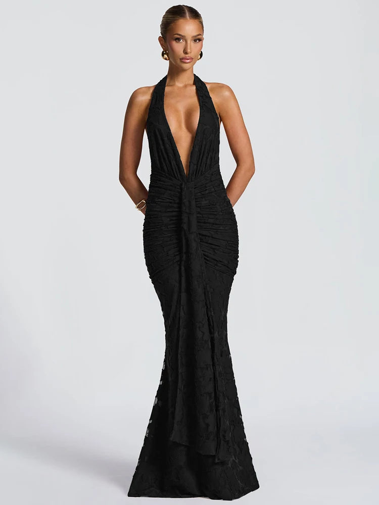 Selencia Halter Neck Plunge Maxi Dress – Backless Ruched Fit-and-Flare Evening Gown for Elegant Occasions, Parties & Wedding Guest Outfits