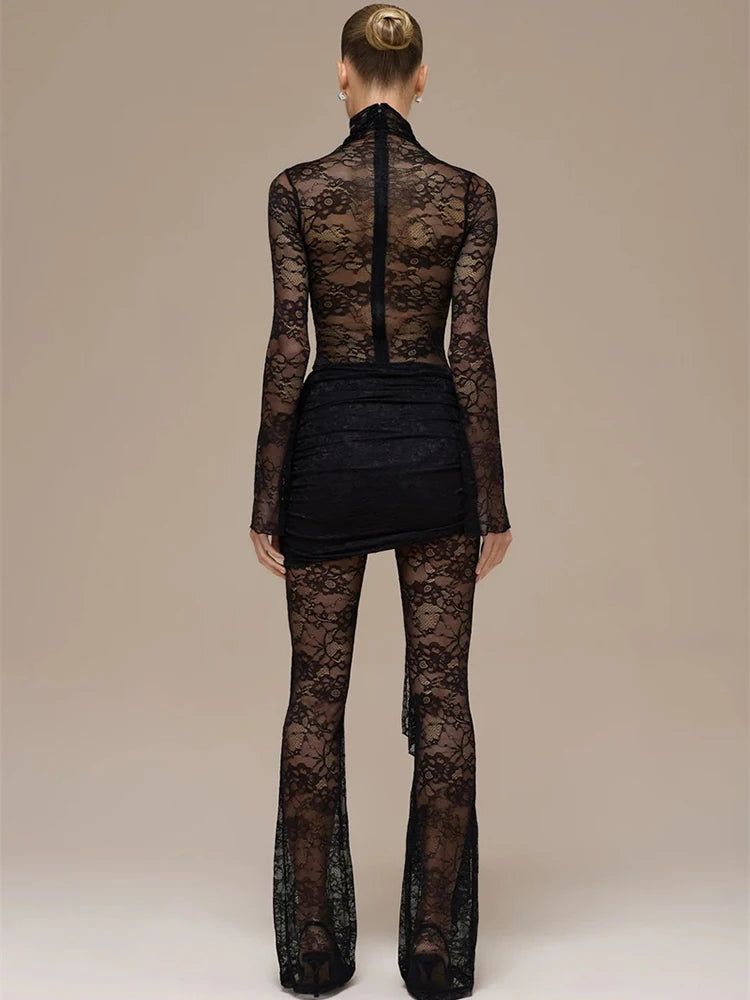 Vionara Lace Sheer Jumpsuit with Draped Wrap Detail – Long Sleeve Mesh Eveningwear for Party & Occasion Outfits