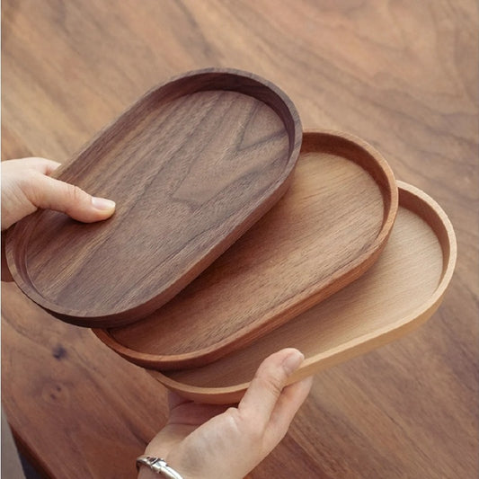 Solid Wood Oval Serving Tray – Natural Wooden Snack Plate for Dessert, Fruit or Drinks