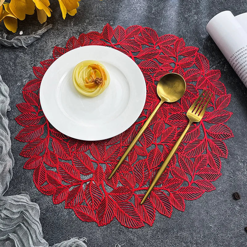 Leaf Cutwork Round Dining Placemats Set of 6 – Decorative Table Mats Non Slip Wipe Clean Heat Resistant Kitchen Table Placemats