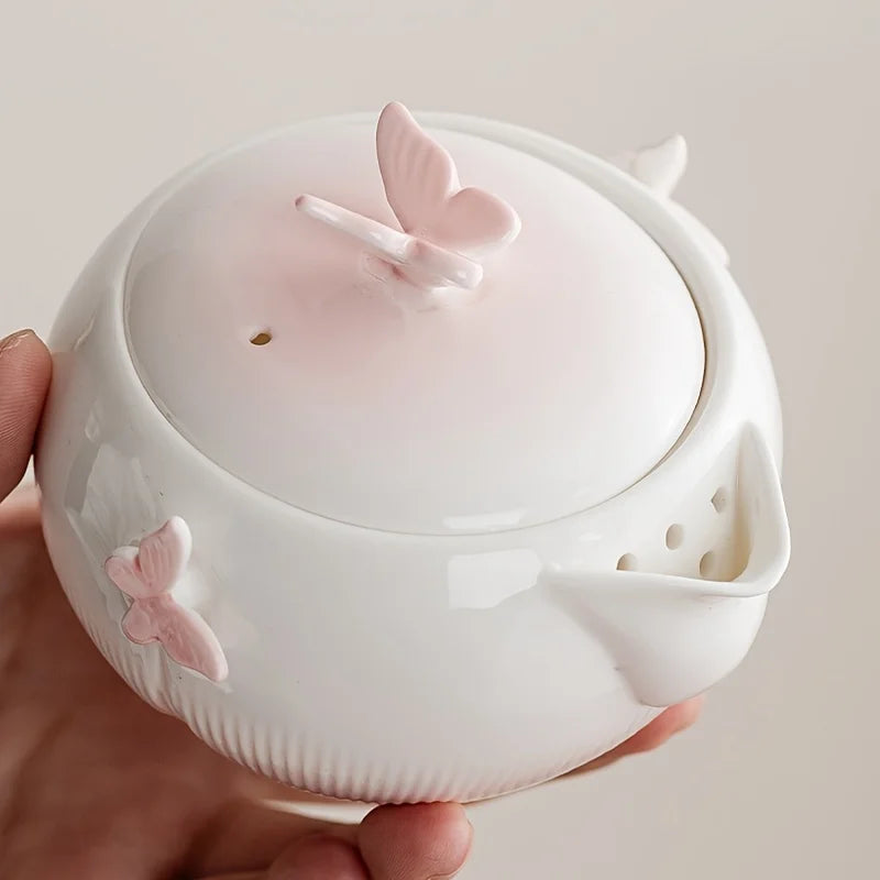 Butterfly Ceramic Travel Tea Set with Carry Case – Portable Teapot & Cups Gift Set for Home, Office and Outdoor Tea Lovers