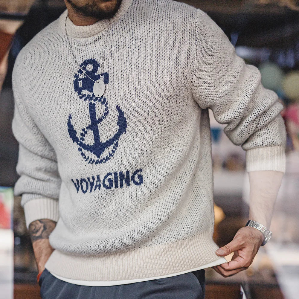Branford Men’s Anchor Knit Sweater – Graphic Round Neck Pullover for Autumn Winter Layering