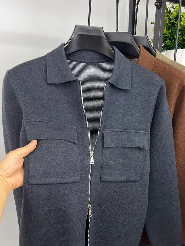 Men's Wool Blend Zip-Up Cardigan Jacket – Smart Casual Knit Overshirt with Utility Pockets and Turn-Down Collar