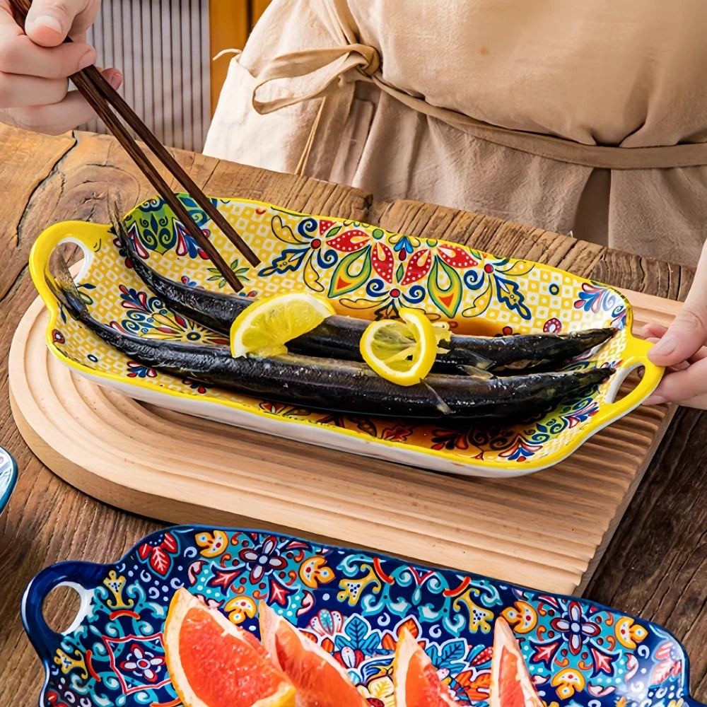 Calvero Ceramic Serving Tray – Rectangular Dish with Handles