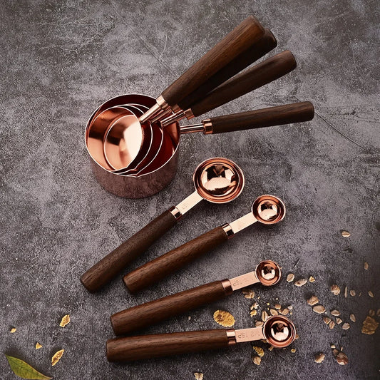 Rose Gold Measuring Cups and Spoons Set – Stainless Steel with Wooden Handles for Baking & Cooking