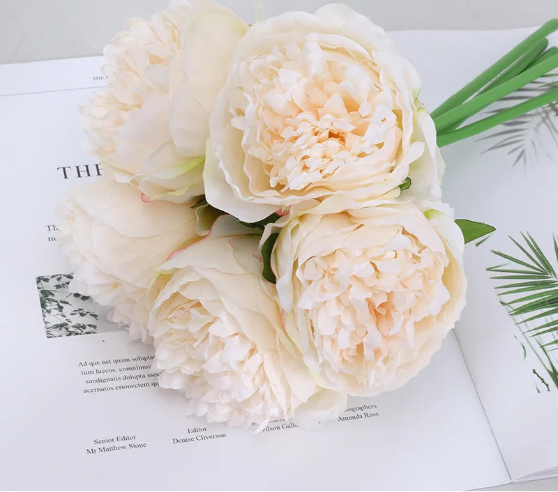 Peonia Bloom Bouquet – Silk Faux Peony Flower Arrangement with 5 Heads for Vase Styling, Wedding Flowers and Home Décor