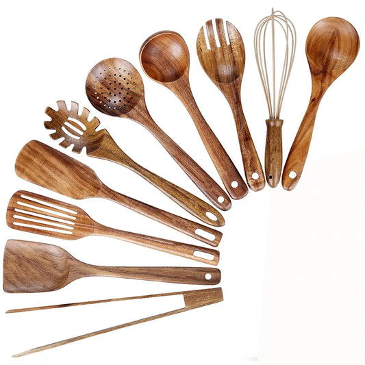 Natural Bamboo Wood Kitchen Utensil Set – 7/10-Piece Wooden Cooking Spoons, Spatulas & Tongs for Non-Stick Cookware