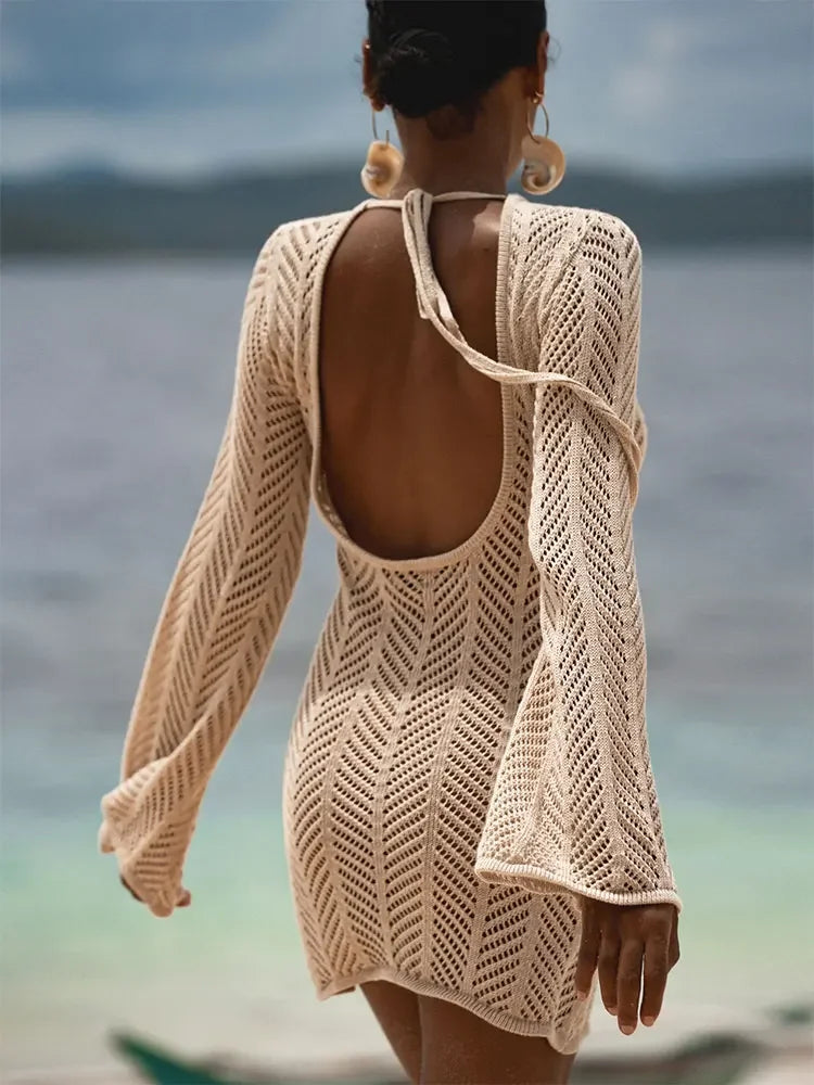 Zireya Backless Crochet Knit Mini Dress – Long Sleeve Sheer Swimwear Cover Up Beach Dress