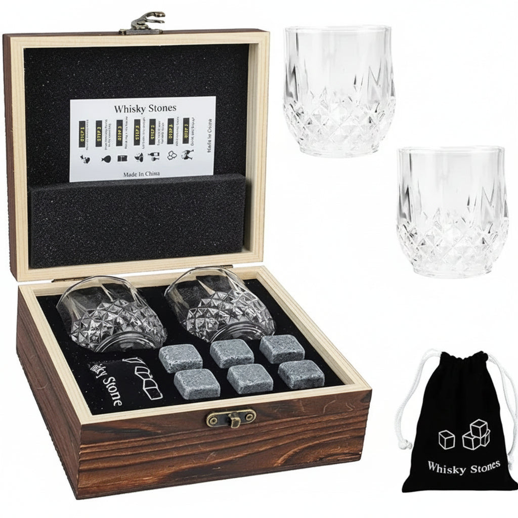 Aurello Whiskey Glass Gift Set – Crystal Glasses with Whiskey Stones & Wooden Box