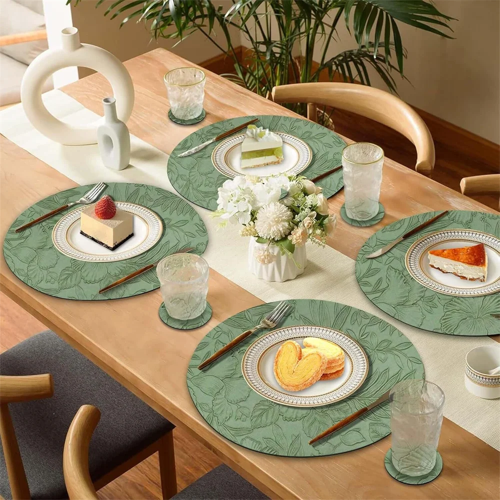 Botanical Round Dining Placemats – Faux Leather Floral Table Mats, Non Slip Wipe Clean Kitchen & Dining Table Mats
