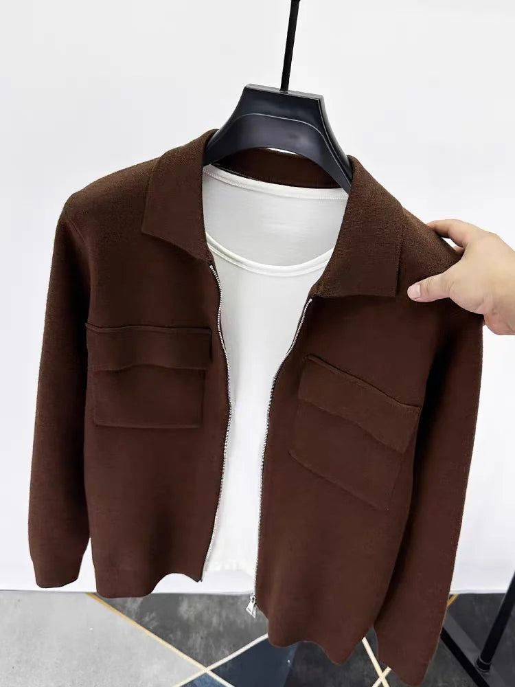 Men's Wool Blend Zip-Up Cardigan Jacket – Smart Casual Knit Overshirt with Utility Pockets and Turn-Down Collar