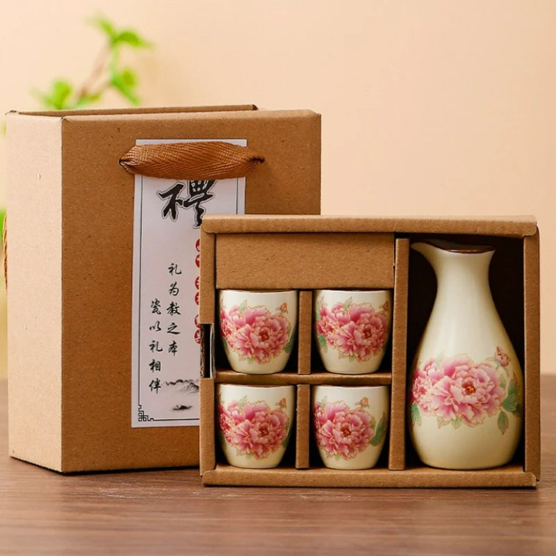 Sakura Blossom Ceramic Sake Gift Set – 5 Piece Sake Carafe and Cup Set