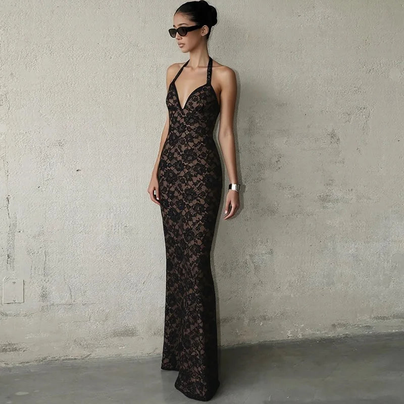 Zarelle Black Lace Halter Neck Maxi Dress – Deep V Bodycon Evening Dress, Backless Formal Gown & Wedding Guest Dress