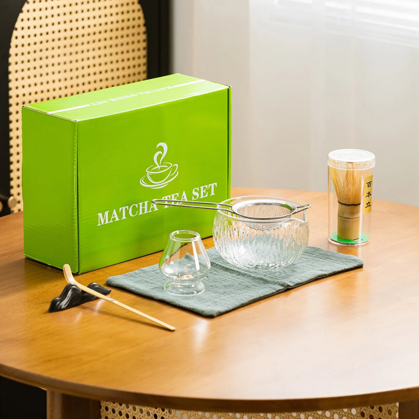 Kōrin Glass Matcha Tea Set – 7 Piece Matcha Bowl Set with Bamboo Whisk, Scoop, Strainer and Holder