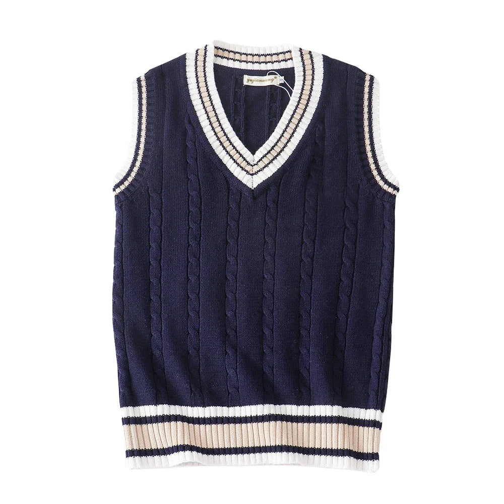 Sleeveless Cable Knit Vest with Stripe Trim – White & Navy Pullover Jumper Top for Men