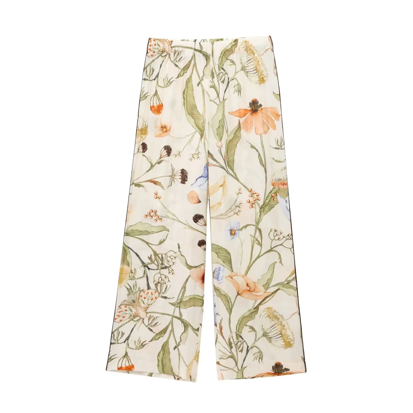 Florielle Two-Piece Wide-Leg Shirt and Trouser Co-Ord Set – Cream Floral Matching Outfit with Elastic Waist