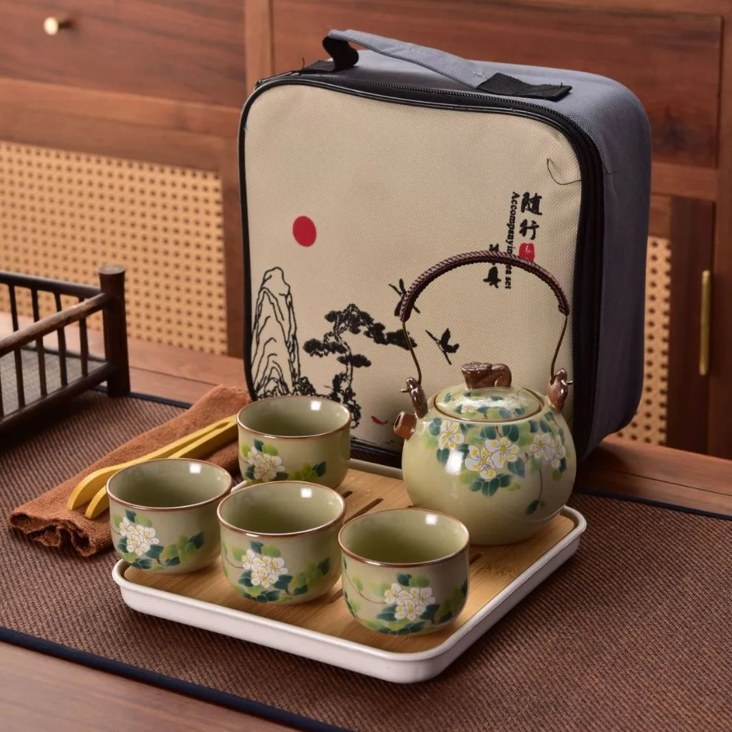 Willow Grove Travel Tea Set Collection – Ceramic Teapot and 4 Teacups Portable Tea Set with Case for Home, Gift and Outdoor Use