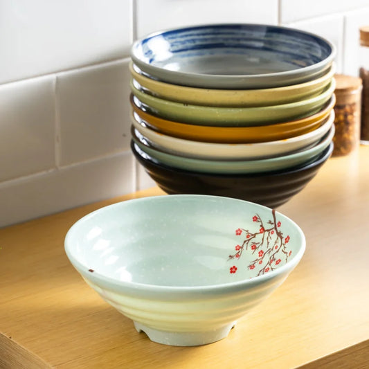 Hand-Painted Noodle Bowls – Large, Medium, Small Ramen, Pho & Soup Bowl Set in Brown, Blue, Green, Yellow