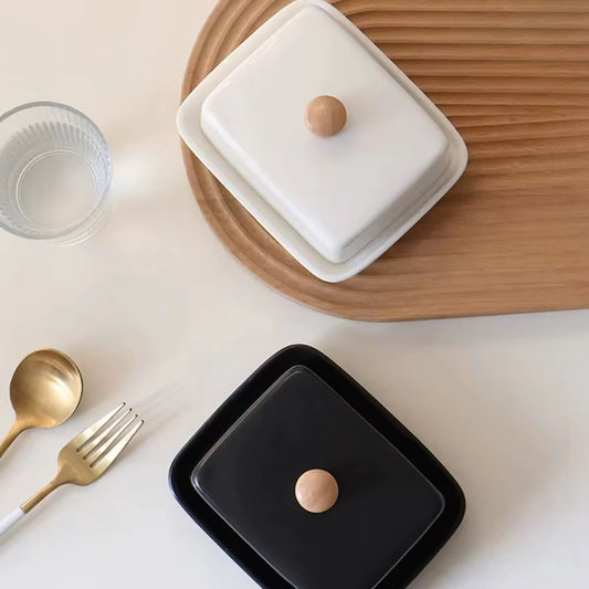 Black & White Ceramic Butter Dish with Wooden Handle – Rectangular Covered Butter Keeper for Kitchen & Dining