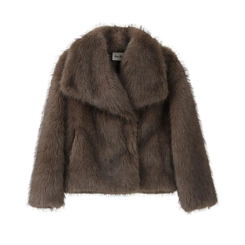 Lorvienne Oversized Faux Fur Coat – Women’s Short Plush Mongolian-Style Jacket with Wide Collar for Winter Party & Evening Outfits
