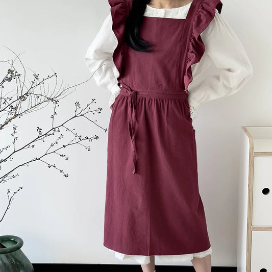 Vintage Frill Apron Dress – Ruffle Strap Kitchen Apron with Pockets for Cooking, Baking & Cleaning