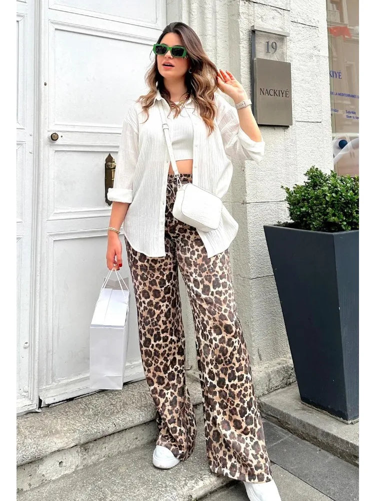 Leopard Print High Waisted Wide-Leg Pants