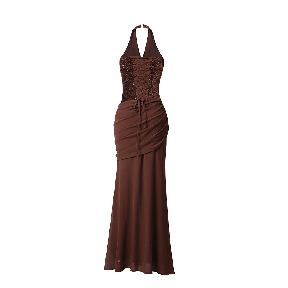 Virella Halter Neck Sequin Maxi Dress – Brown Evening Gown, Wedding Guest & Partywear Dress