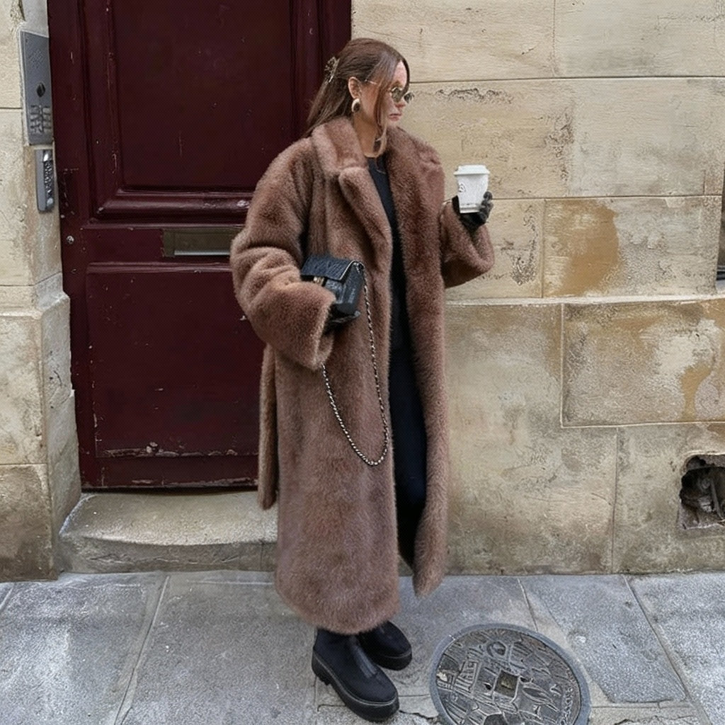 Brunelle Long Plush Faux Fur Belted Coat – Women’s Luxury Winter Faux Mink Jacket in Mocha Mink & Ivory Mink