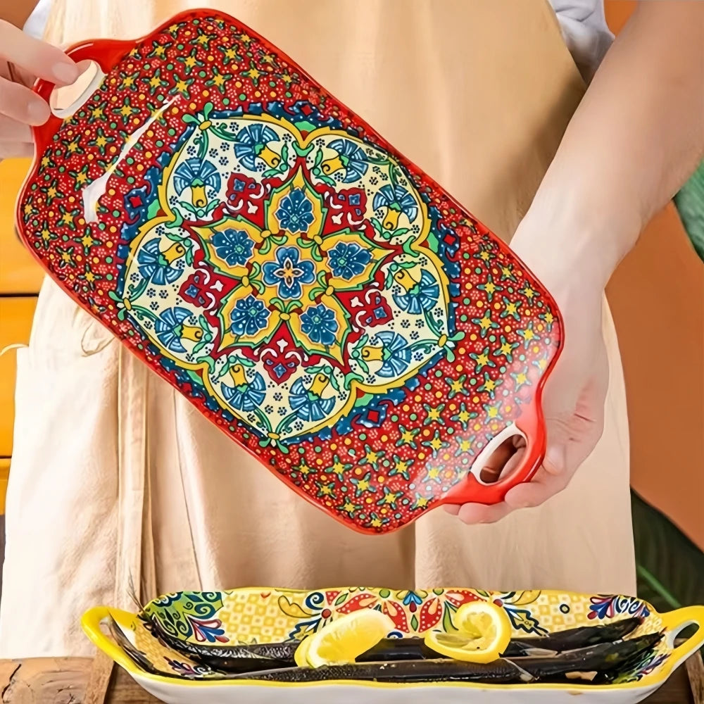 Calvero Ceramic Serving Tray – Rectangular Dish with Handles