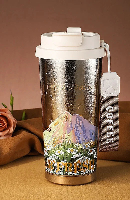 Titanium Travel Coffee Mug with Leak-Proof Lid & Carry Strap – 500ml Insulated Tumbler for Hot & Cold Drinks
