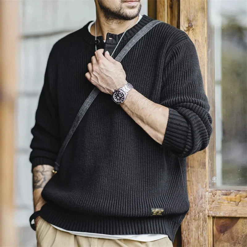 Caelum Men’s Ribbed Henley Knit Jumper – Button Neck Black Textured Pullover