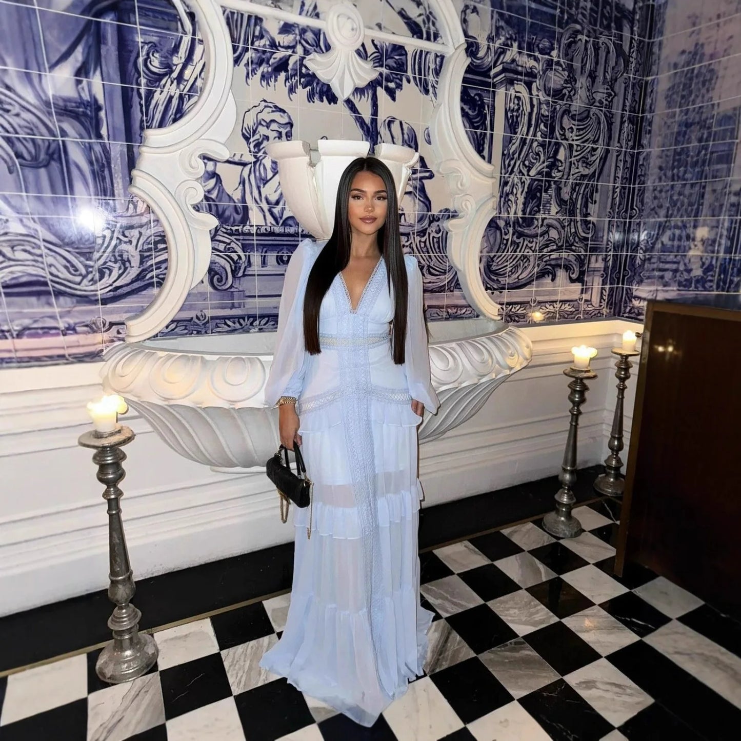 Seralyn Tiered Maxi Dress with Long Sleeves – V-Neck Wedding Guest Dress, Holiday Dress & Occasion Maxi