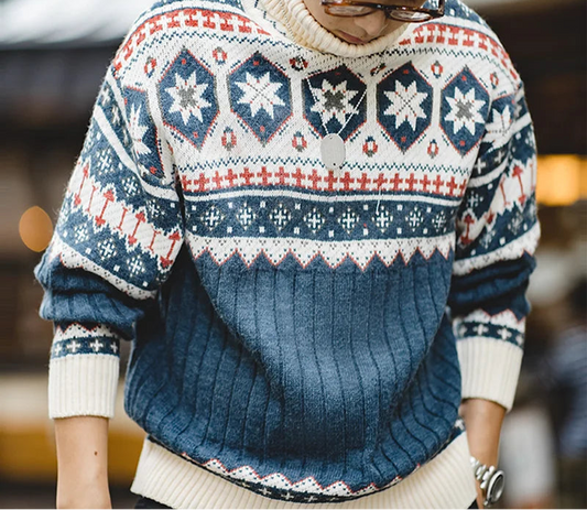 Men's Fair Isle Knit Polo Neck Jumper – Nordic Ribbed Pullover Winter Knitwear for Men