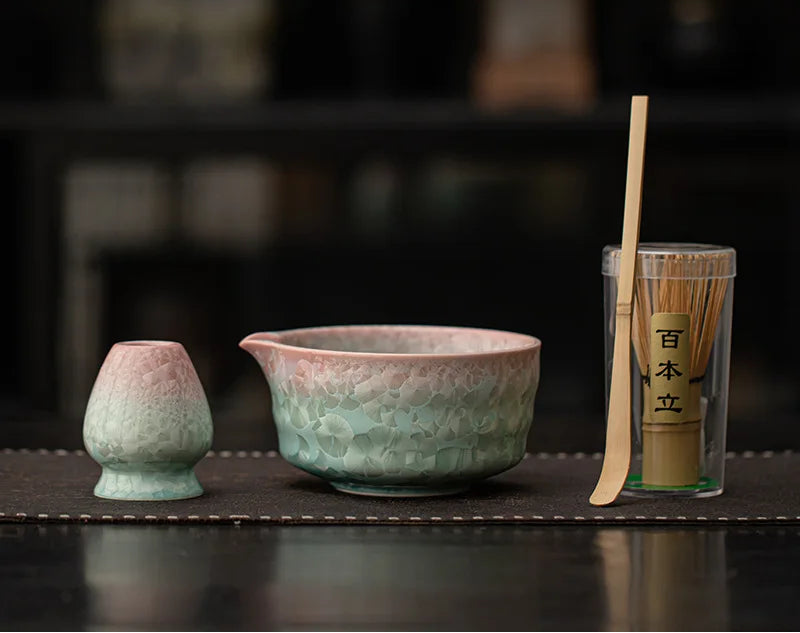 Hyoka Glaze Ceramic Matcha Tea Set – 4 Piece & 8 Piece Matcha Starter Kit, Matcha Bowl with Whisk, Scoop, Strainer and Accessories