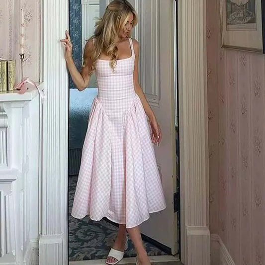 Soleina Pink or Yellow Gingham Midi Dress – Pretty Summer Day Dress with Fitted Bodice and Full Skirt