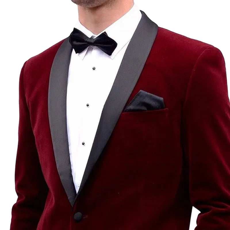 Burgundy Velvet Blazer for Men – Slim Fit Tuxedo Style Dinner Jacket with Black Satin Lapel
