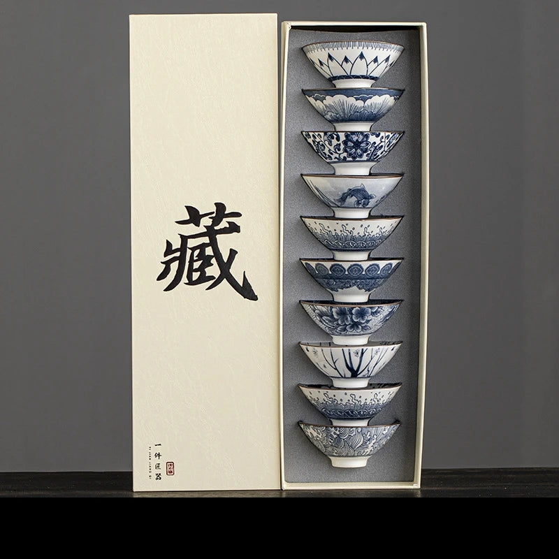 Renshiro Ceramic Tea Bowl Gift Set – 10 Piece Blue and White Tea Cups Set with Gift Box for Tea Serving and Tableware