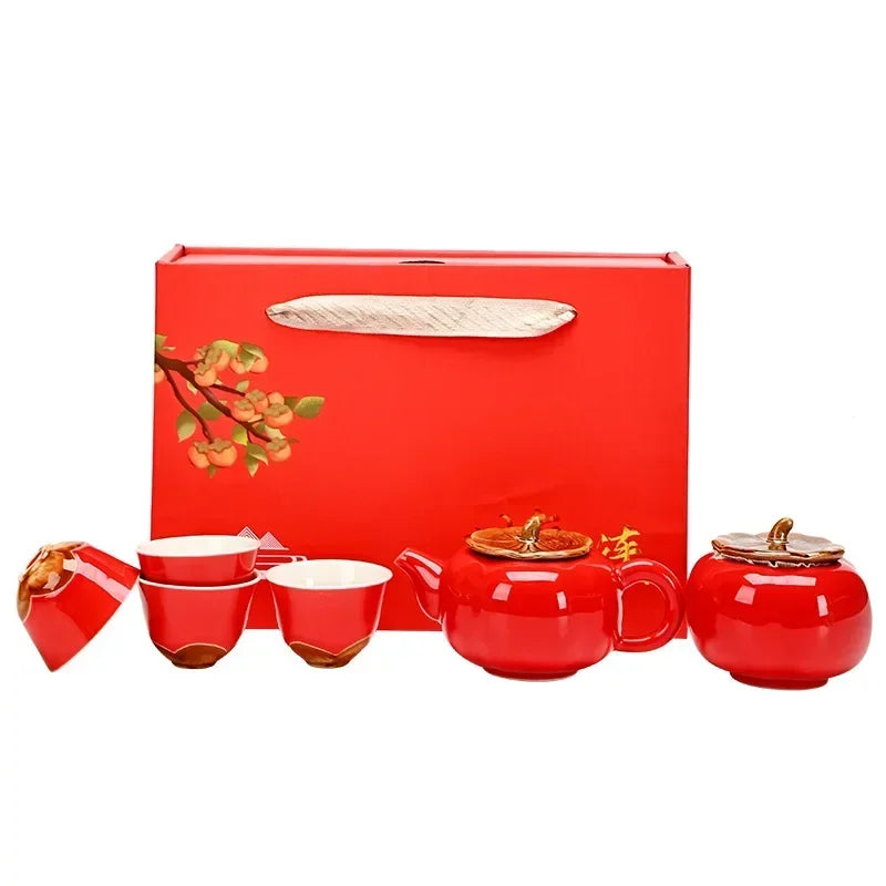 Red Ceramic Teapot & Teacup Set – Traditional Style Afternoon Tea Gift Set with 4/6 Pieces