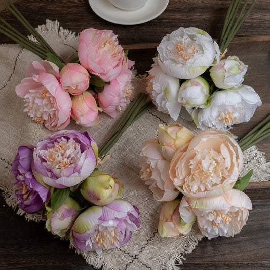 Peony Bloom Bundle – Silk Faux Peony Flower Bouquet for Vase Arrangements, Wedding Flowers and Home Décor