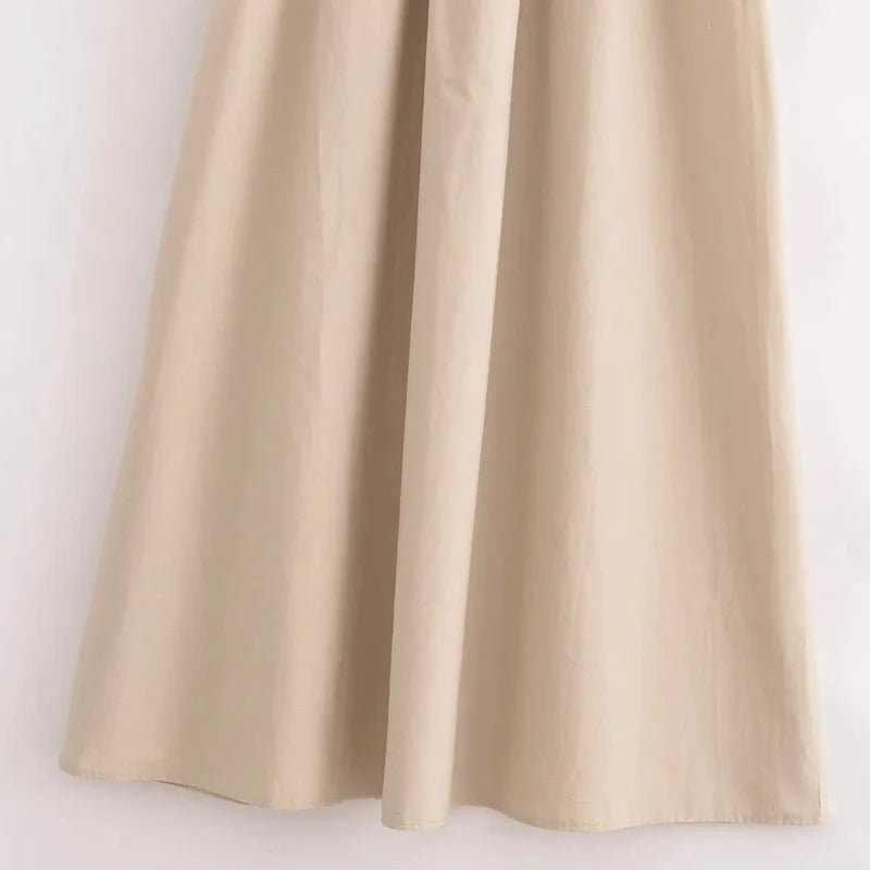Sanna Sleeveless Cotton Midi Dress – Gathered Waist Casual Summer Dress in Beige & Black