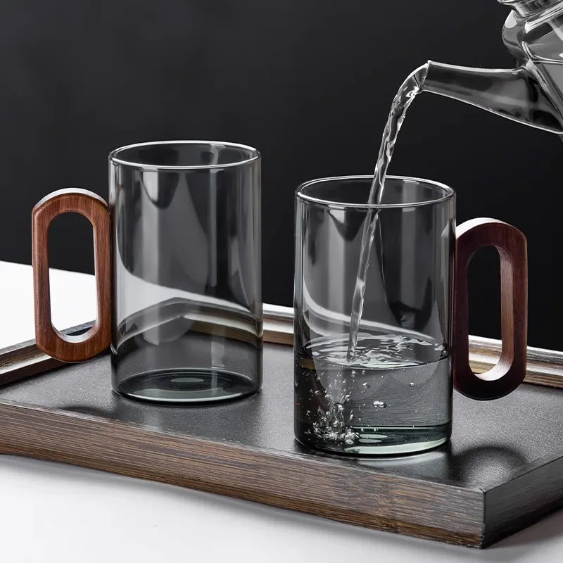 Clear Glass Tea Or Coffee Mugs with Modern Wooden Handle –2/4/6 Piece Heat-Resistant Cups Clear Or Black Set