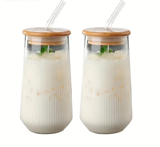 Ribbed Drink Glass Cups with Bamboo Lid & Glass Straw – 2 - Piece Reusable Tumbler Set