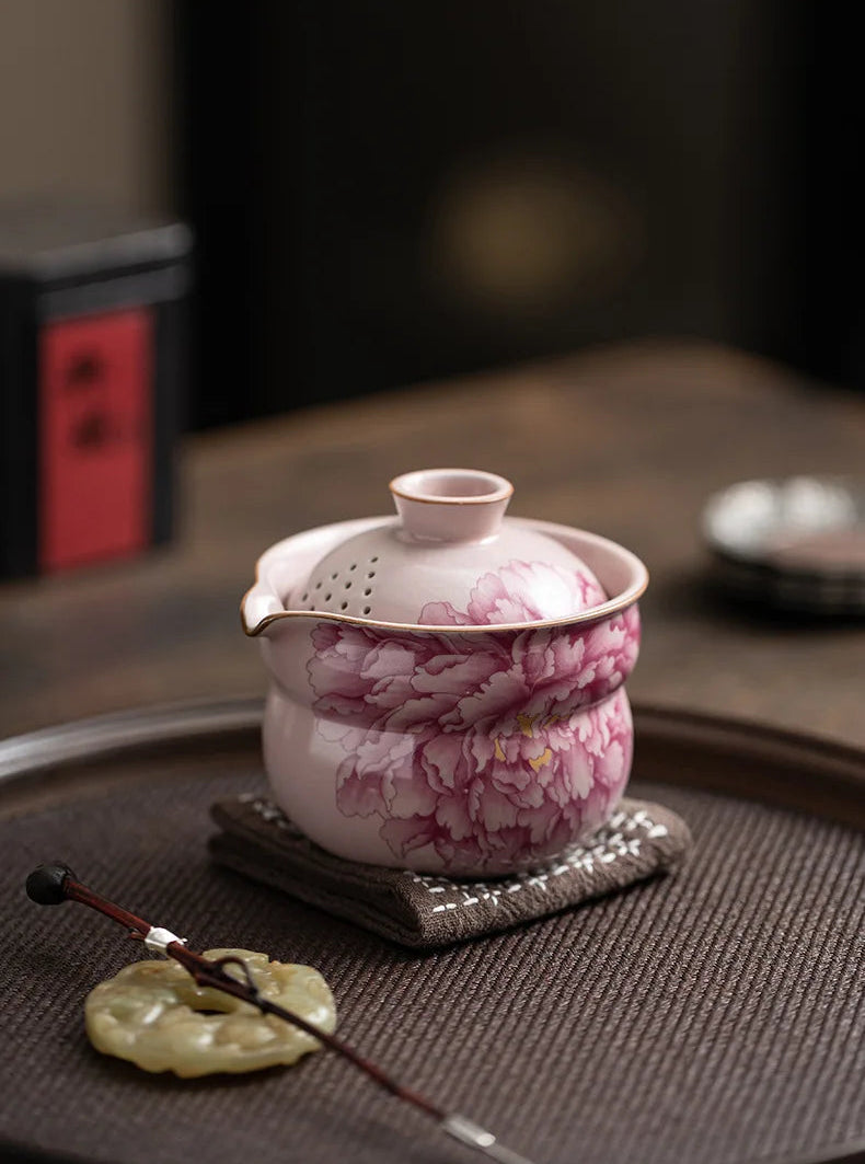 Peony Bloom Handmade Tea Set – Portable Ceramic Travel Tea Set with Teapot and Cups, Floral Tea Set Gift with Case