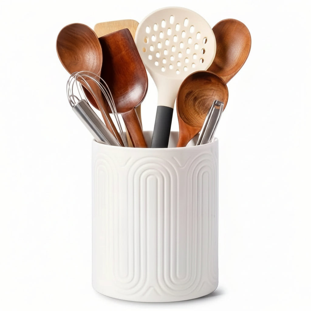 Linea Textured Ceramic Utensil Holder – Kitchen Counter Storage Jar